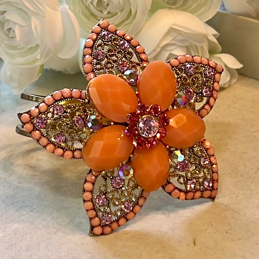cara New York Rhinestone Faux Coral Flower Clamper Cuff Statement Bracelet 80's